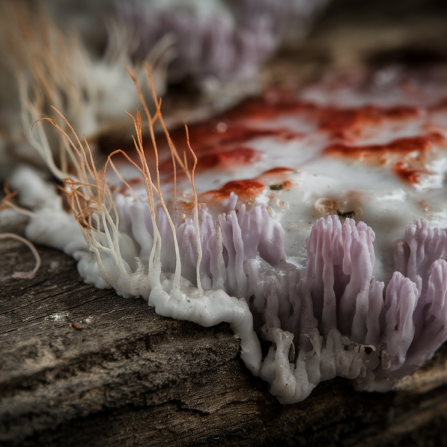 champignon-blanc-filaments-lilas-poutre-bois