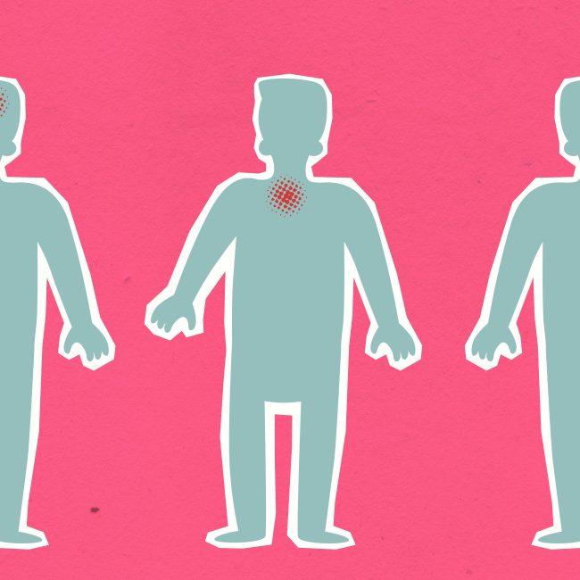Carton illustrant des silhouettes humaines avec des virus provoquant des douleurs et un thermomètre indiquant de la fièvre pendant la pandémie de COVID-19 sur fond rose