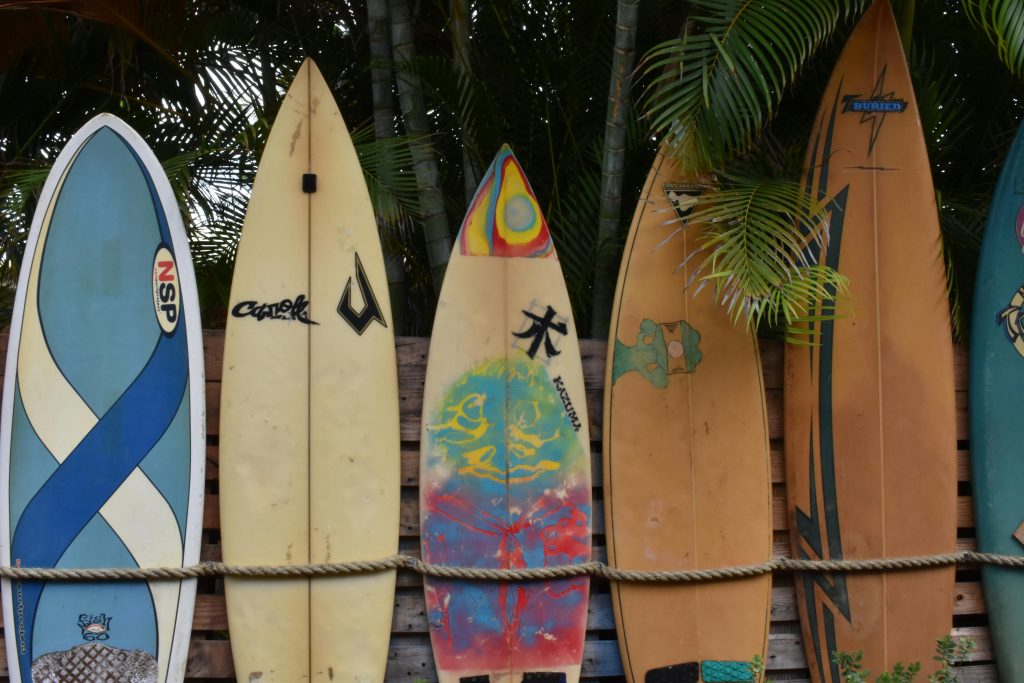 A vibrant display of surfboards leaning against a fence, perfect for summer vibes. Une exposition vibrante de planches de surf appuyées contre une clôture, parfaite pour des ambiances estivales.