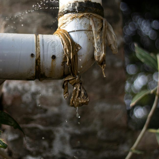 Gros plan d'un tuyau en plastique qui fuit à l'extérieur avec de l'eau qui goutte, montrant des signes d'usure.