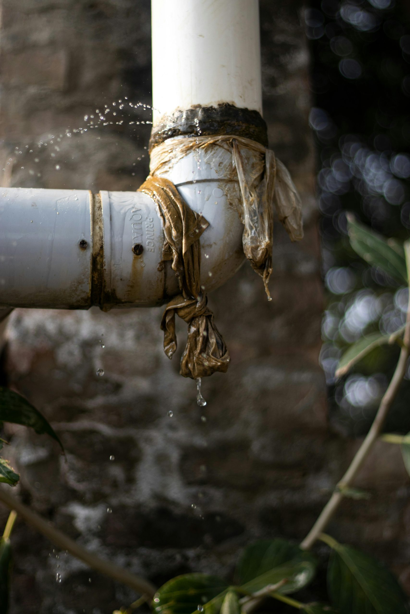 Gros plan d'un tuyau en plastique qui fuit à l'extérieur avec de l'eau qui goutte, montrant des signes d'usure.