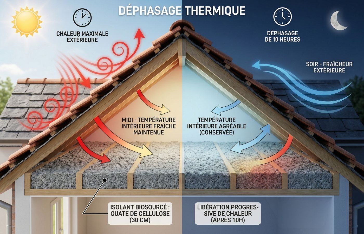 Sch&eacute;ma explicatif du d&eacute;phasage thermique de 10 heures : comparaison de la temp&eacute;rature int&eacute;rieure jour/nuit avec une isolation en ouate de cellulose sous toiture.
