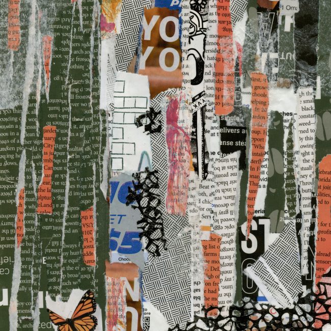 Vibrant collage artistique mettant en avant des textures abstraites, du texte et des motifs géométriques.