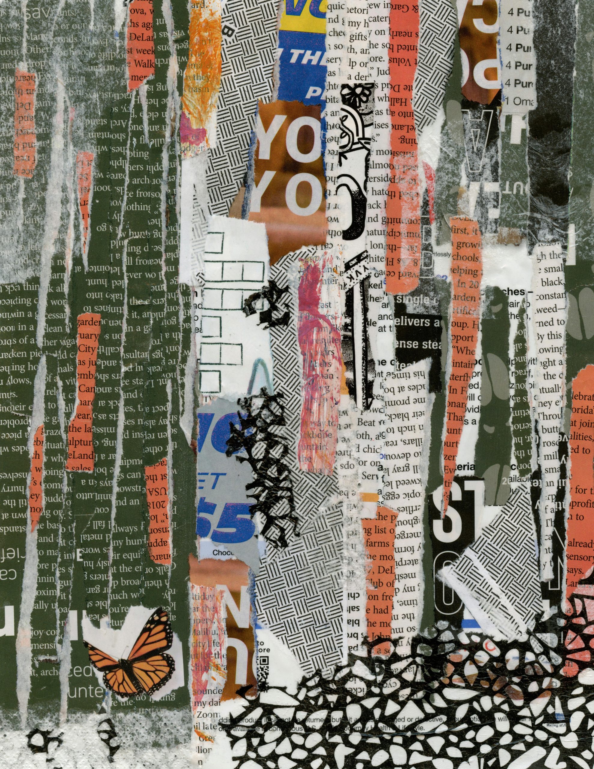 Vibrant collage artistique mettant en avant des textures abstraites, du texte et des motifs géométriques.