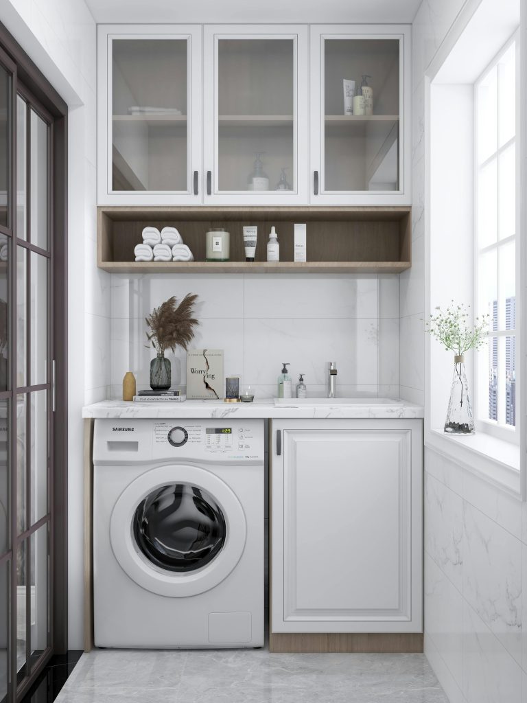 Une buanderie élégante et lumineuse avec une machine à laver, des placards et une décoration naturelle.