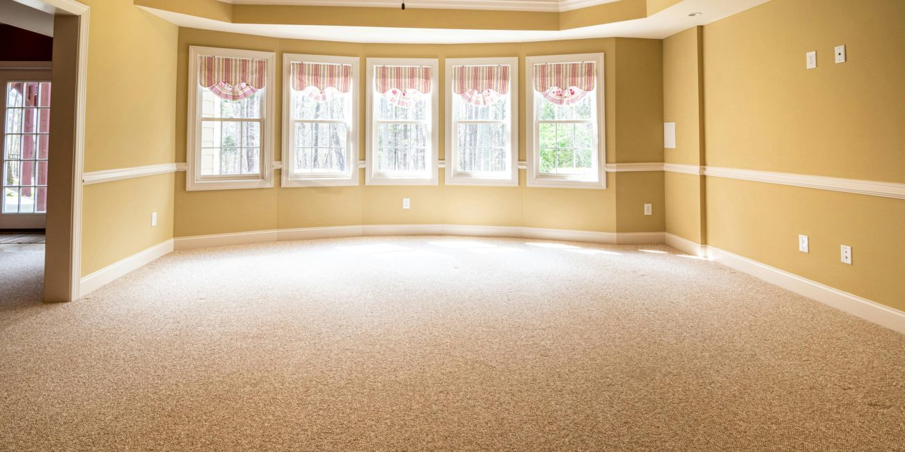 Bright empty room with large windows, carpet flooring, and ceiling fan, ideal for residential use. Pièce vide lumineuse avec de grandes fenêtres, moquette au sol et ventilateur de plafond, idéale pour un usage résidentiel.