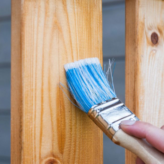 Une main peignant une planche de clôture en bois avec un pinceau bleu en extérieur. Parfait pour les thèmes de bricolage et de rénovation.