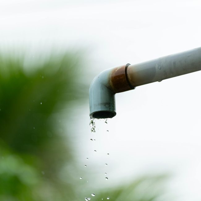 A close-up of water droplets falling from a rusty outdoor pipe against a blurred natural background. Gros plan de gouttes d'eau tombant d'un tuyau extérieur rouillé sur un fond naturel flou.