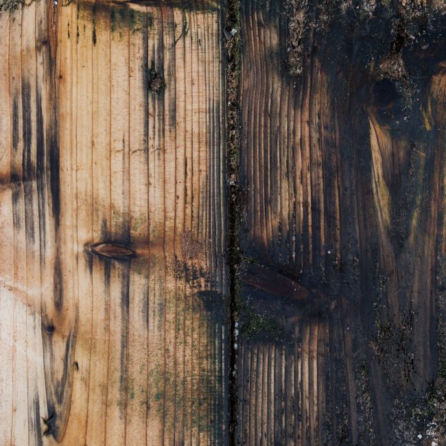 Close-up of weathered wooden planks with moss, showcasing natural textures and colors. Gros plan de planches de bois usées avec de la mousse, mettant en évidence les textures et les couleurs naturelles.