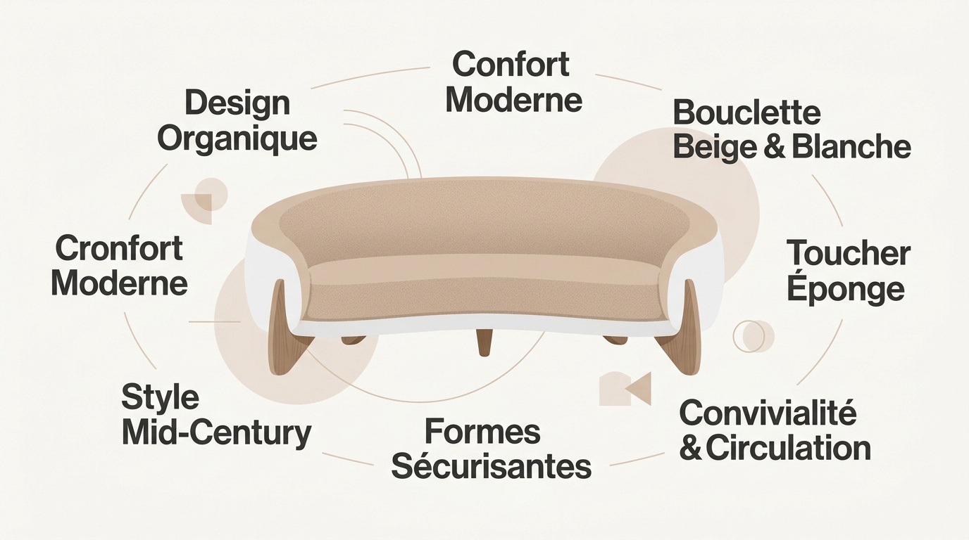 Canapé arrondi au design organique et revêtement en bouclette blanche pour un salon moderne