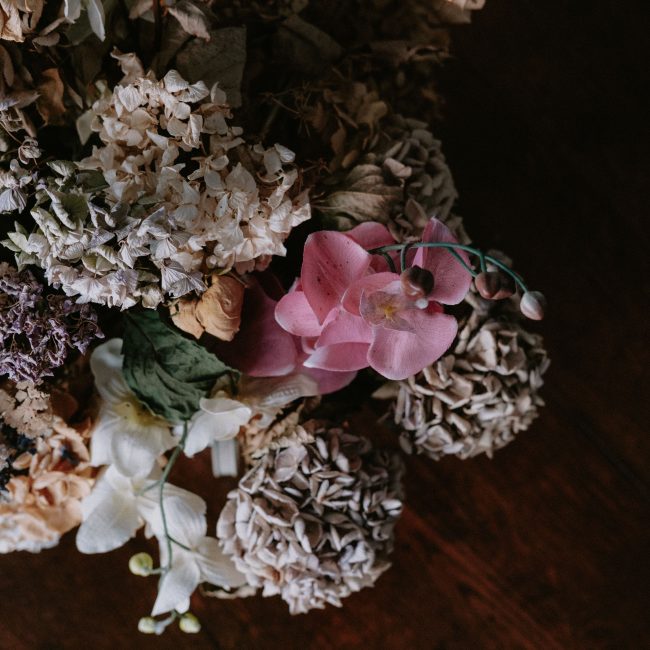 Bouquet d'hortensias séchés sur bois