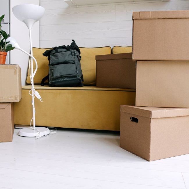 Cartons de déménagement dans un salon de premier logement